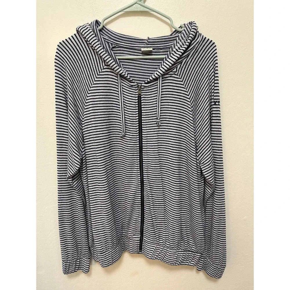 Roxy Kids XL 14 Striped Hoodie Zip Up Sweatshirt Navy Blue White‎